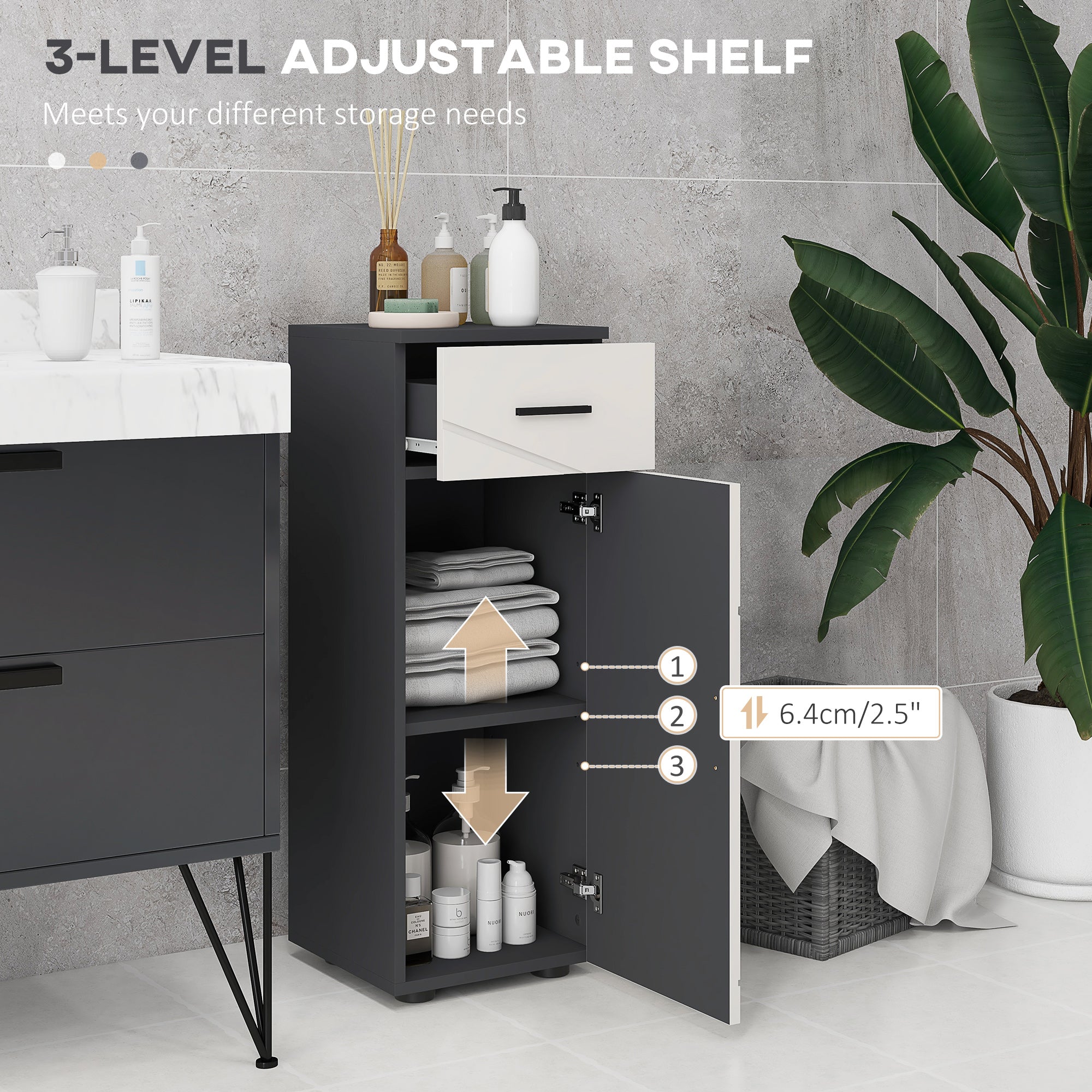 kleankin Slim Bathroom Cabinet, Narrow Bathroom Storage Cabinet with Drawer, Door Cupboard, Adjustable Shelf and Soft Close Mechanism, Grey 