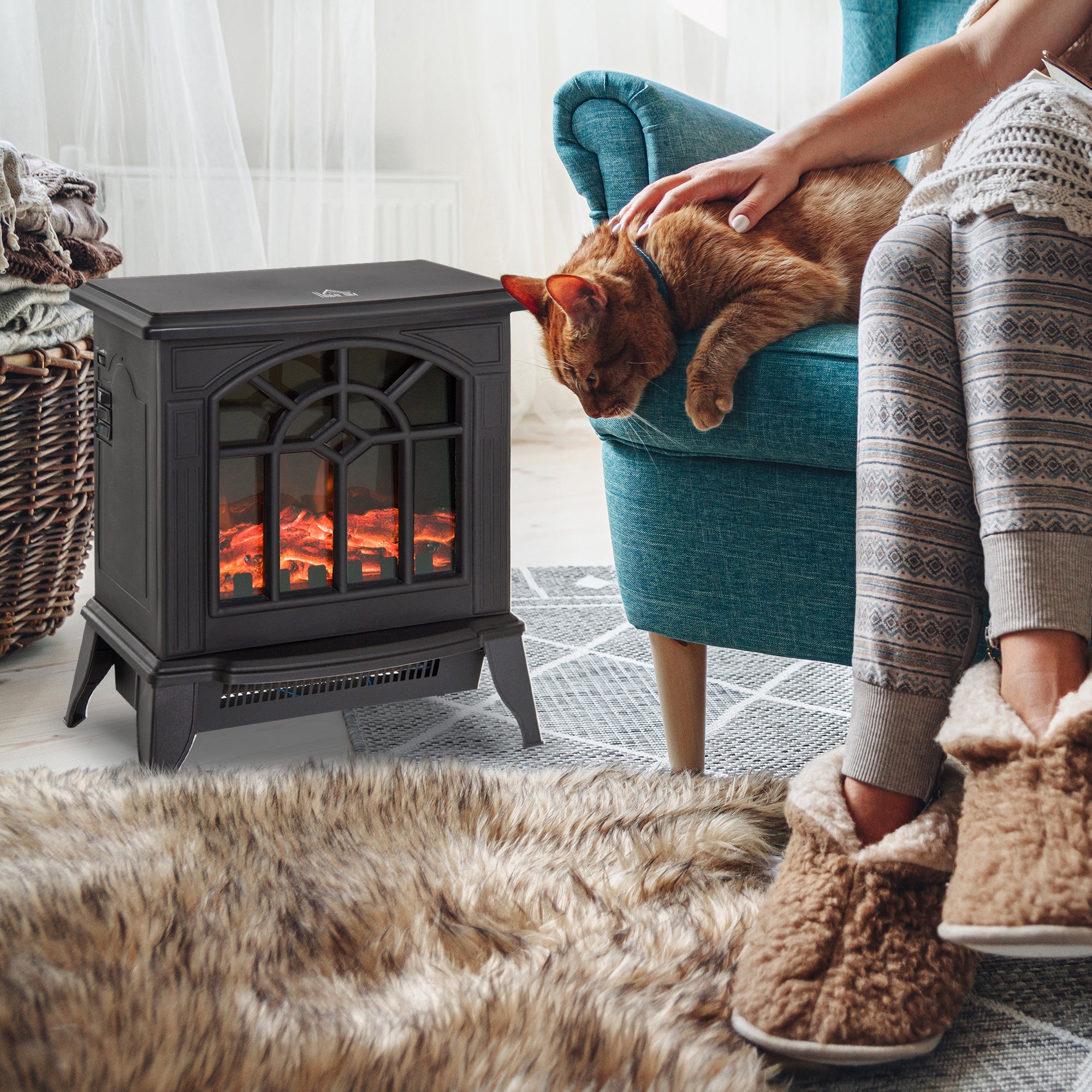 HOMCOM 1000W/2000W Freestanding Electrical Fireplace Indoor Heater Stove Log Wood LED Burning Effect Flame with Thermostat Control Black 