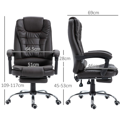 HOMCOM PU Leather Executive Office Chair, High Back Swivel Chair with Retractable Footrest, Adjustable Height, Reclining Function, Brown 