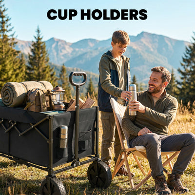 Outsunny 95L Foldable Festival Trolley on Wheels, Collapsible Wagon Cart with Adjustable Handle and 2 Cup Holders, Black 