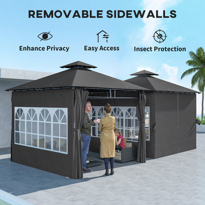 Outsunny 3 x 3 m Garden Gazebo, Double Roof Metal Gazebo with Removable Sidewalls and Church Windows, Outdoor Canopy Shelter, Dark Grey 