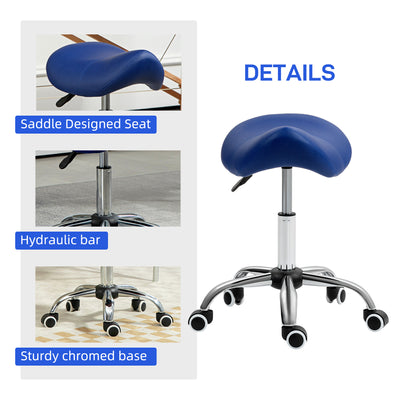 HOMCOM Saddle Stool, Height Adjustable Salon Chair for Massage Spa, Faux Leather, Dark Blue 