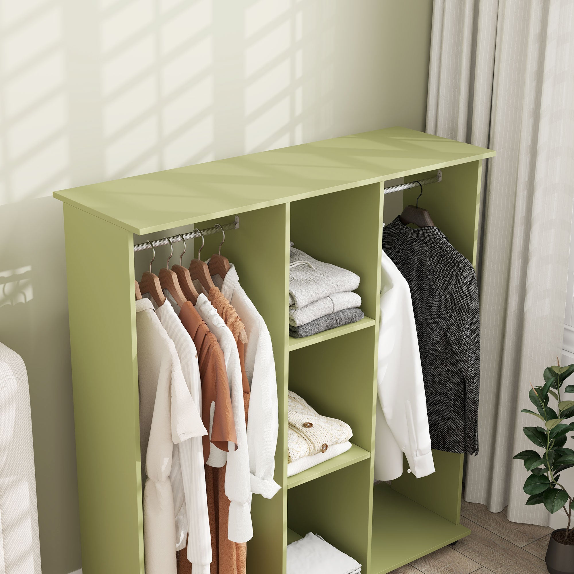 HOMCOM Open Wardrobe Double Mobile Storage Shelves Organizer W/6 Wheels-Green 