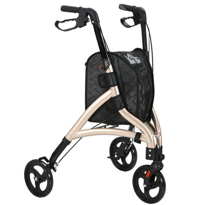 HOMCOM 3 Wheel Rollator, Lightweight Aluminium Tri Walker with Adjustable Handle, Storage Bag and Dual Brakes, Folding Mobility Walking Aid for Elderly, Handicapped, 5.3kg, Gold Tone 