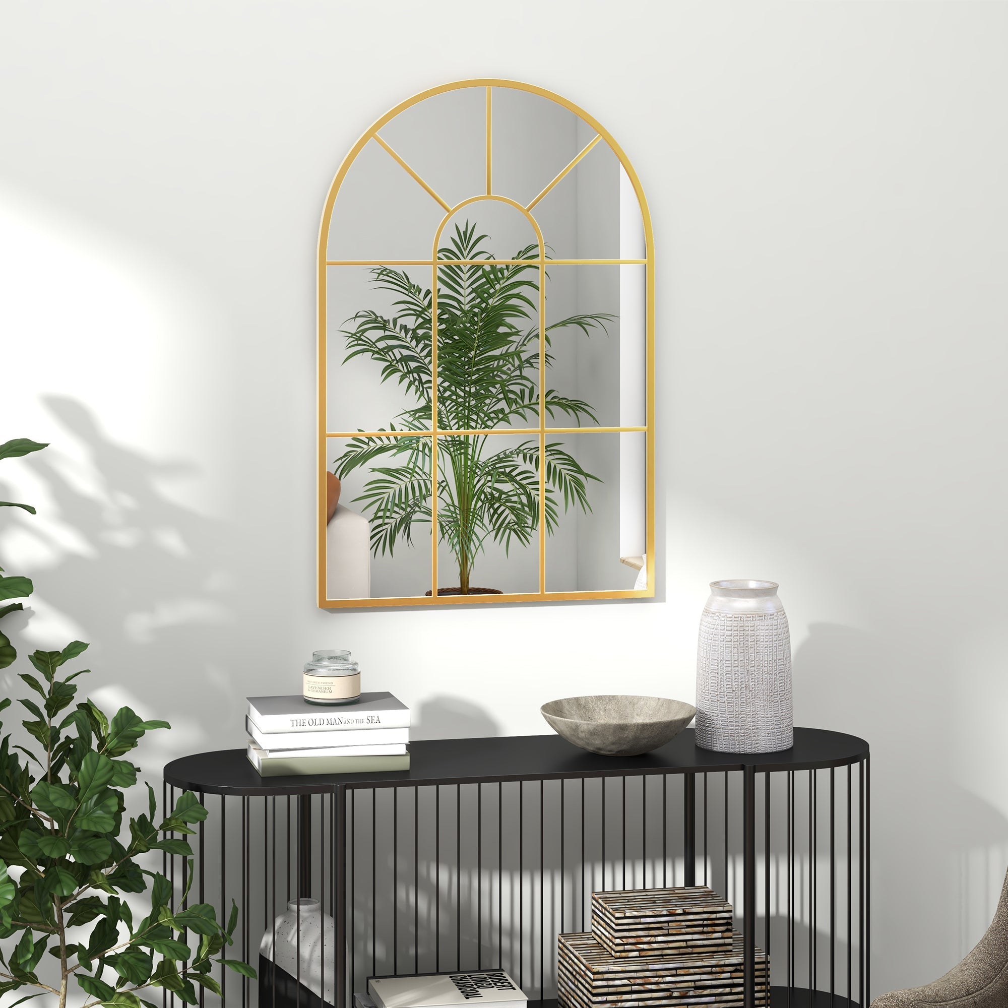 HOMCOM Modern Arched Wall Mirror, 91 x 60 cm Window Mirrors for Living Room, Bedroom, Gold Tone 