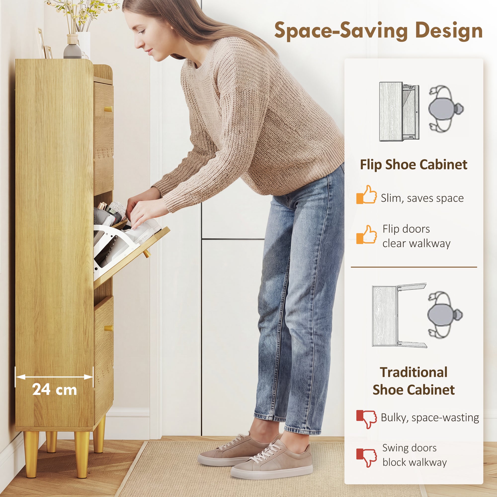 HOMCOM Narrow Shoe Cabinet, Modern Shoe Storage Cabinet with 3 Flip Drawers, Oak 