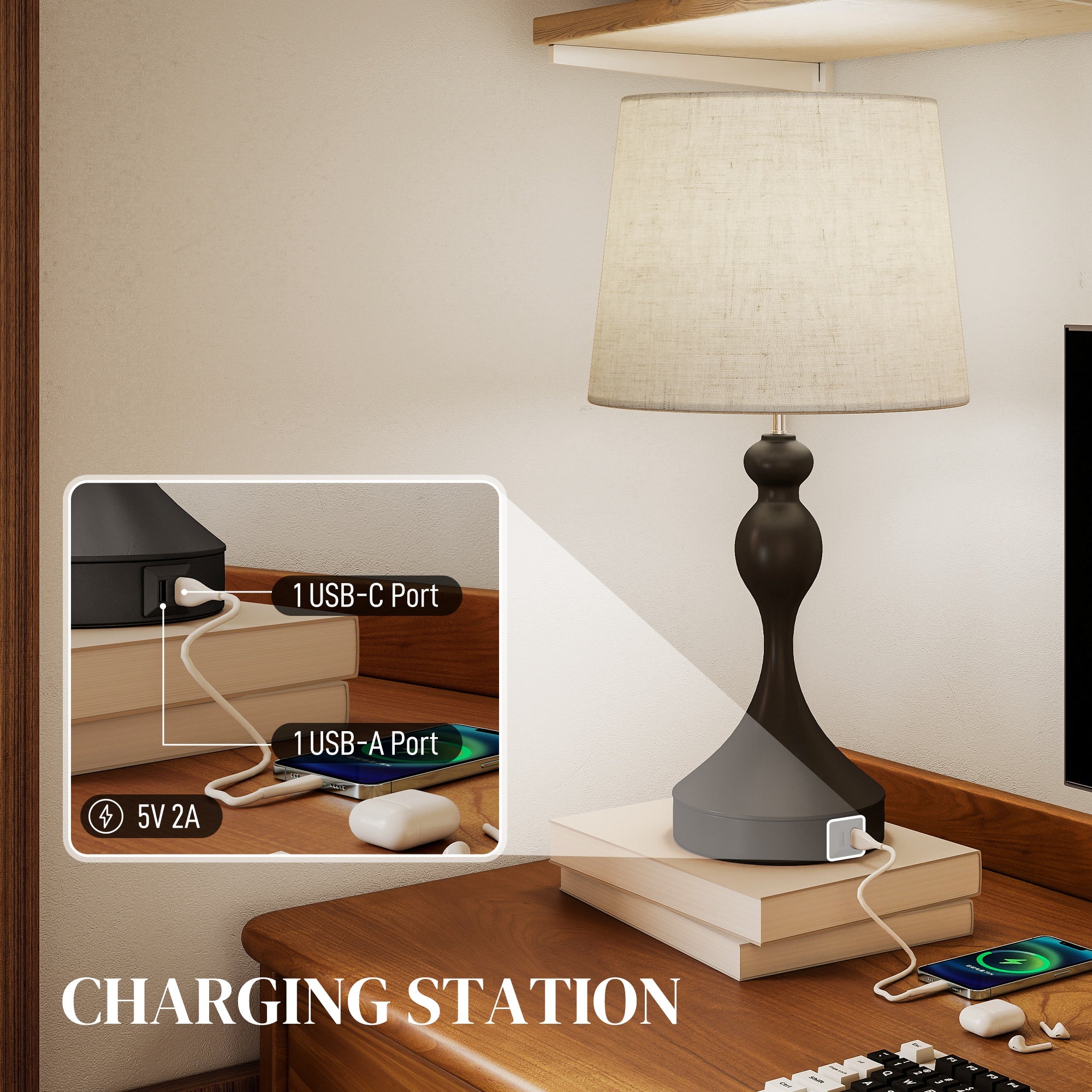 HOMCOM Set of Two Three-Colour Lamps, with USB Ports - Black/Beige 