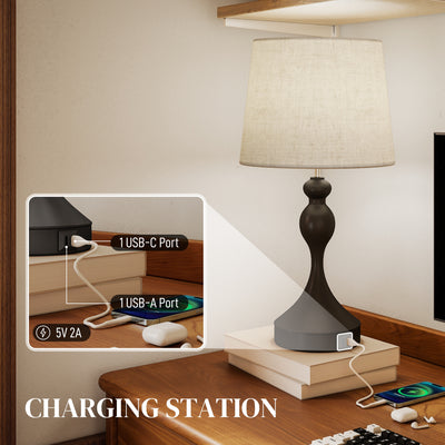 HOMCOM Set of Two Three-Colour Lamps, with USB Ports - Black/Beige 