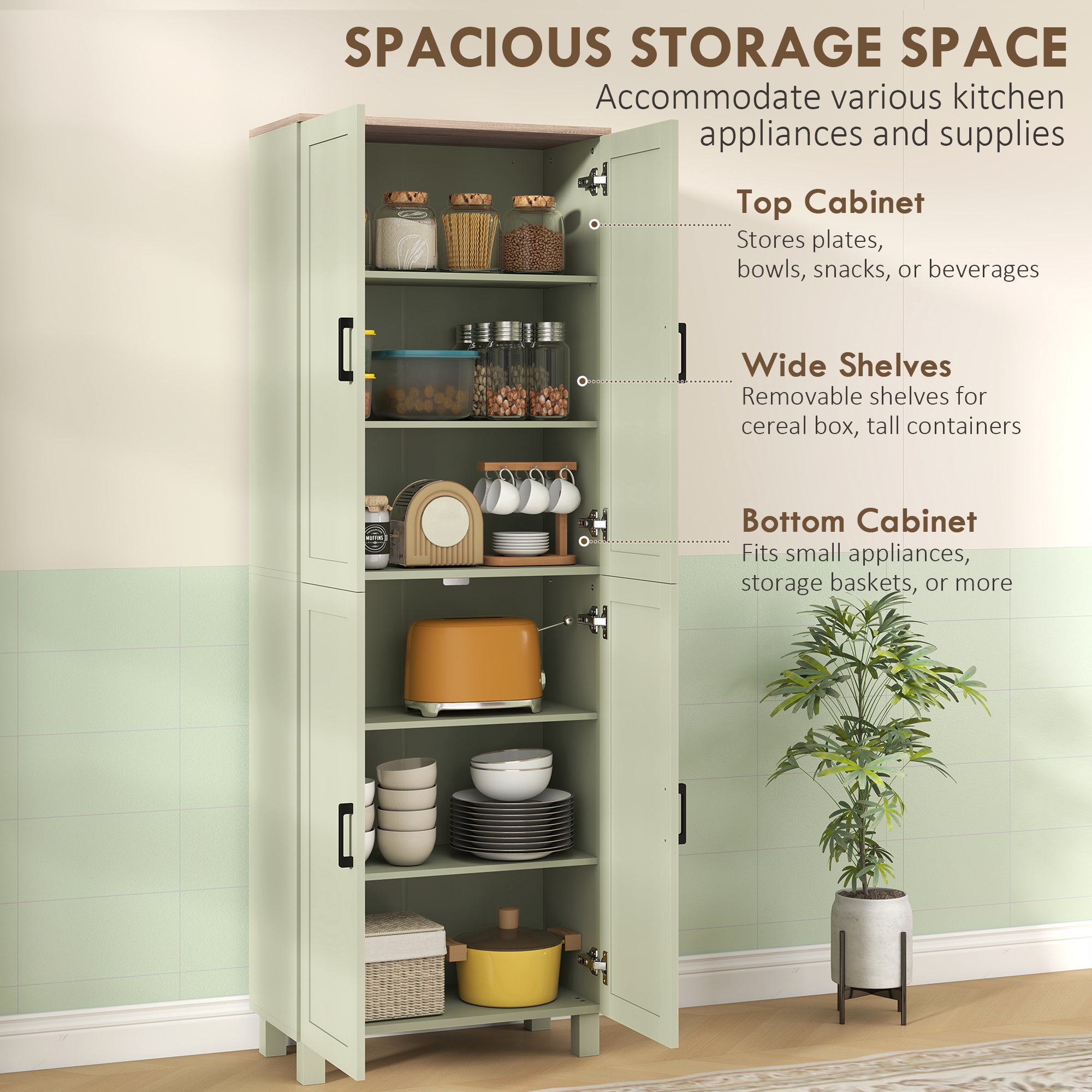 HOMCOM Freestanding Kitchen Cupboard, 4-Door Storage Cabinet with Adjustable Shelves, Modern Kitchen Pantry, 170cm, Green 