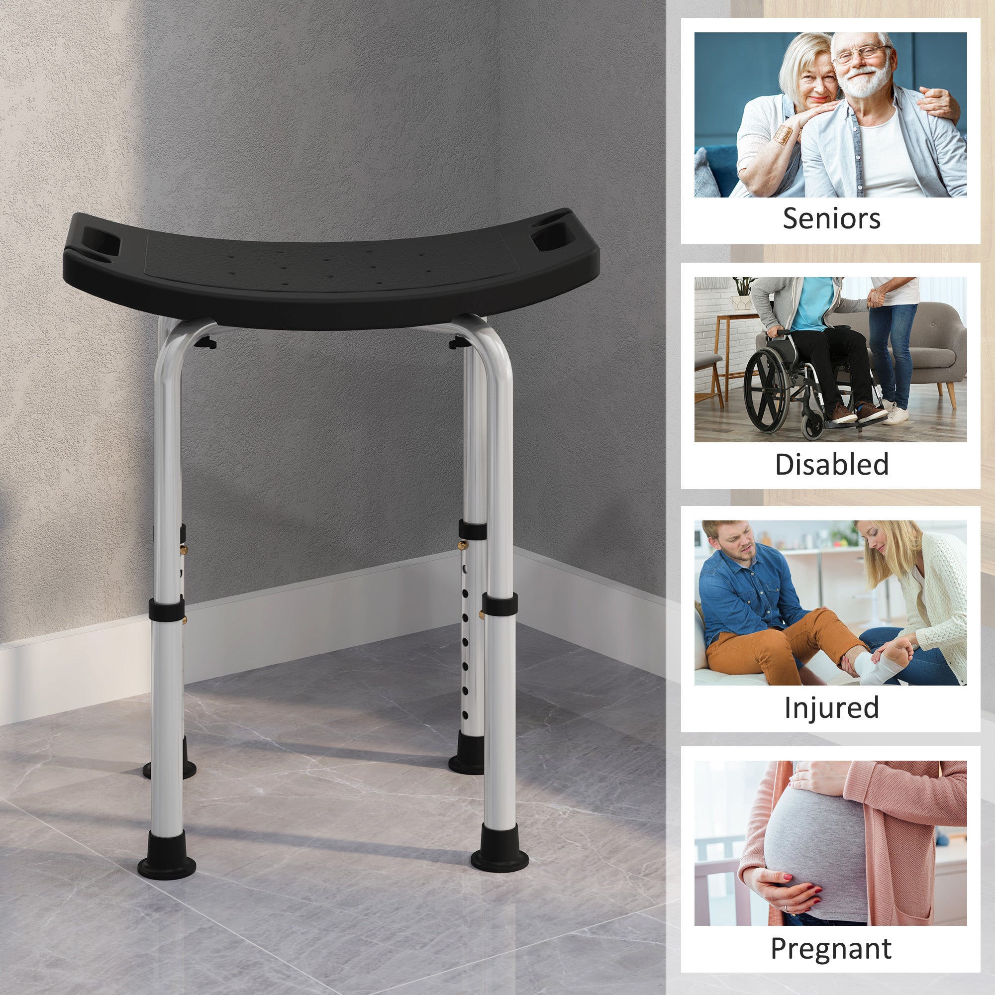 HOMCOM Height Adjustable Bath Stool, Aluminium Shower Stool with Non-Slip Pads for Elderly, Disabled, Seniors, Pregnant, Black 