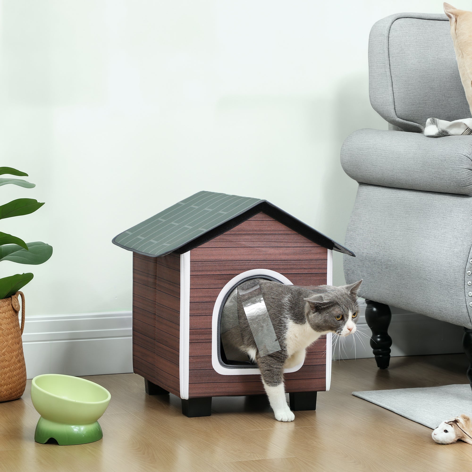 PawHut Insulated Outdoor Cat House, Water-Resistant Feral Cat Shelter with Elevated Base and Cushion, Red-brown 