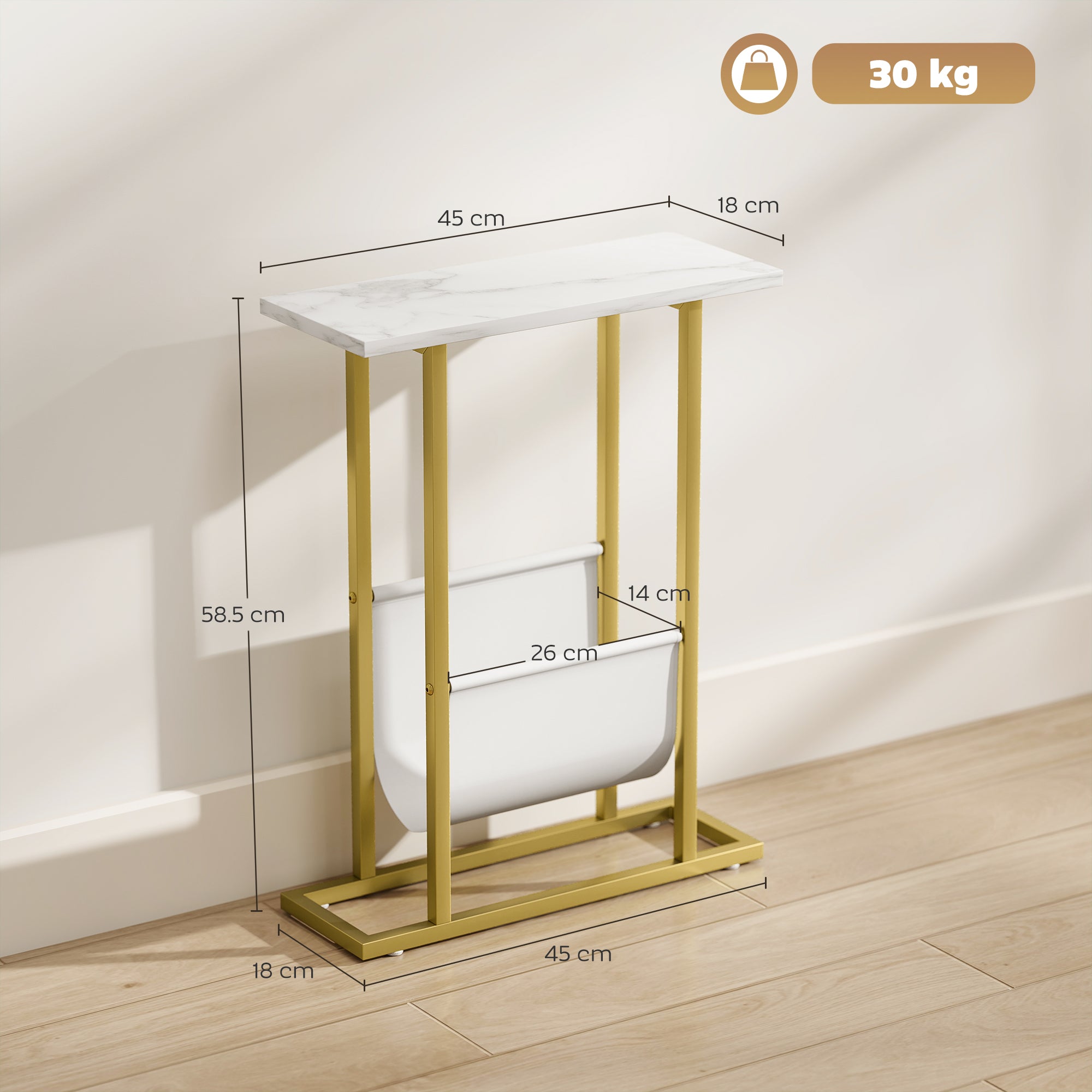 HOMCOM Narrow Side Table, End Table with Magazine Holder, Nightstand for Small Spaces, Living Room, Bedroom, White Marble Grain 