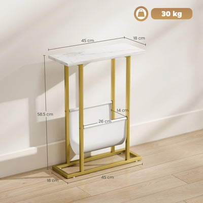 HOMCOM Narrow Side Table, End Table with Magazine Holder, Nightstand for Small Spaces, Living Room, Bedroom, White Marble Grain 