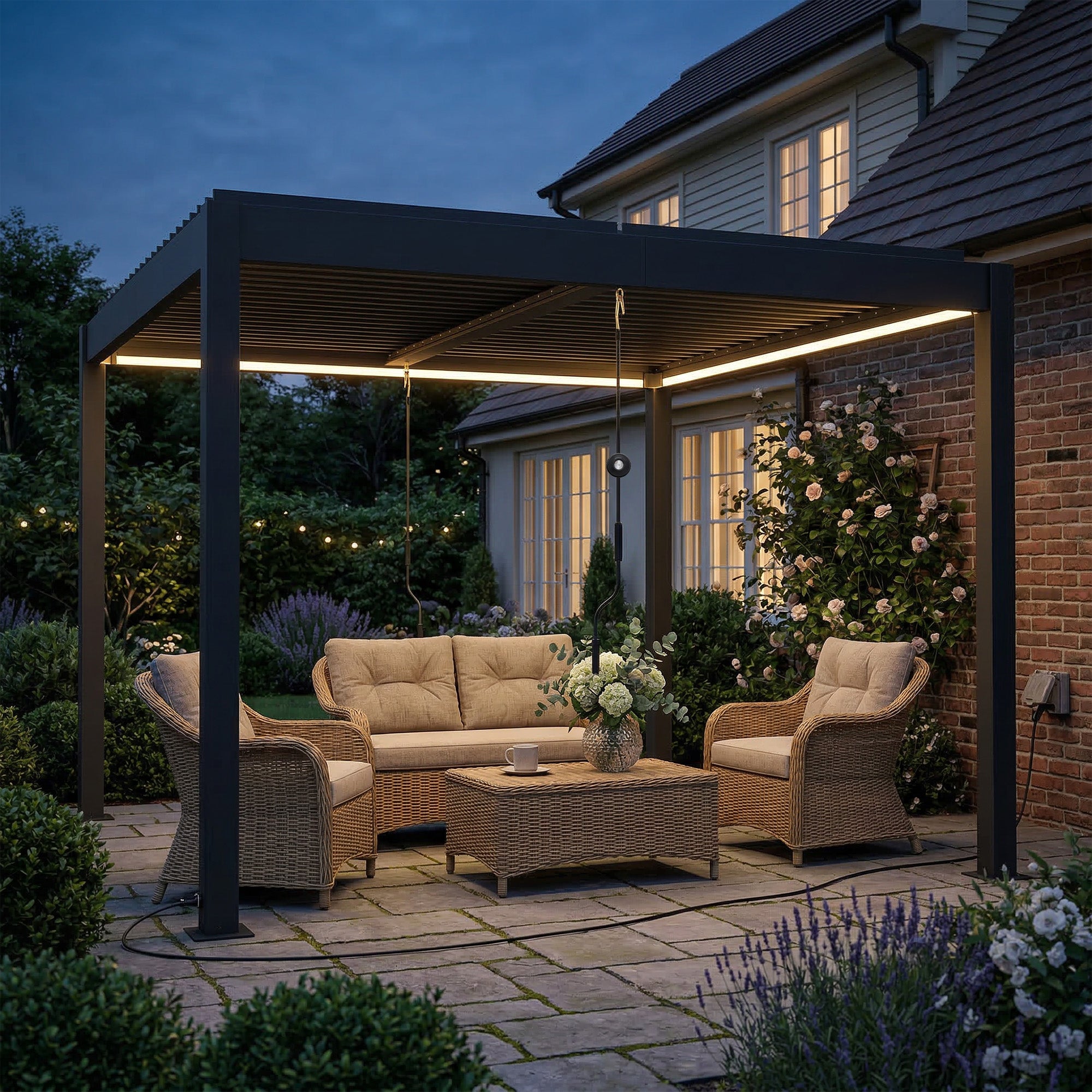 Outsunny 3 x 3 m Louvered Pergola with LED Lights, Metal Louvres, Aluminium Patio Gazebo Pergola, Dark Grey 