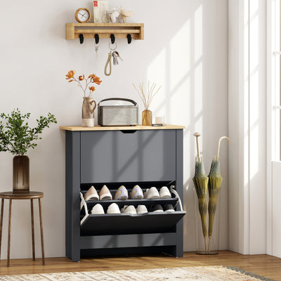 HOMCOM Slim Shoe Cabinet, Narrow Shoe Cupboard with 2 Flip Drawers, Adjustable Shelves for 12 Pairs of Shoes, Charcoal Grey 