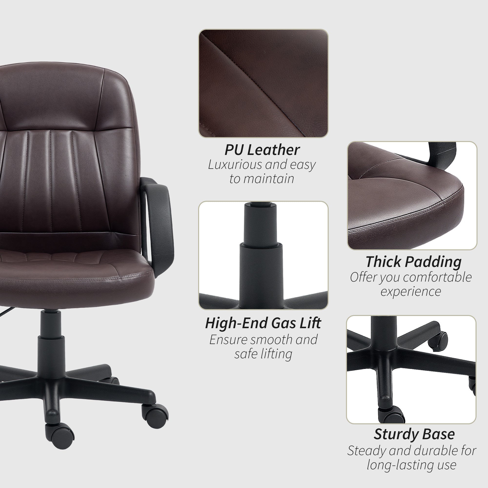 HOMCOM Swivel Executive Chair PU Leather Computer Desk Chair, Dark Brown 