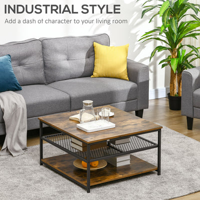 HOMCOM Coffee Table, Living Room Table with 3-Tier Storage Shelves, Square Tea Table for Home Office, Rustic Brown 