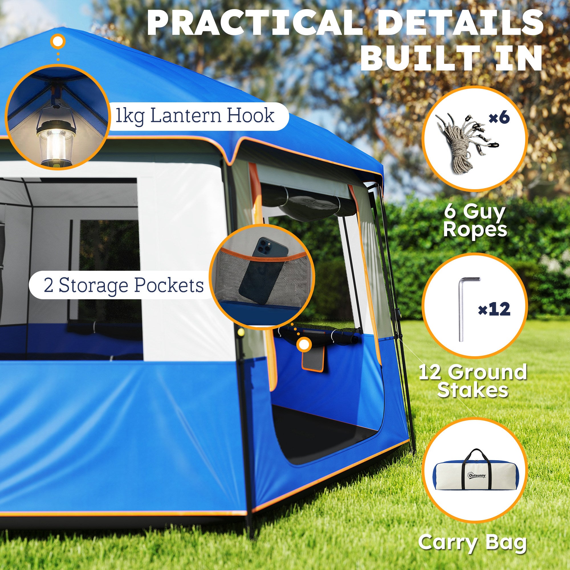 Outsunny Cabin Tent Easy Setup 3000mm Waterproof Camping Tent 4 Person with Carrying Bag Blue 