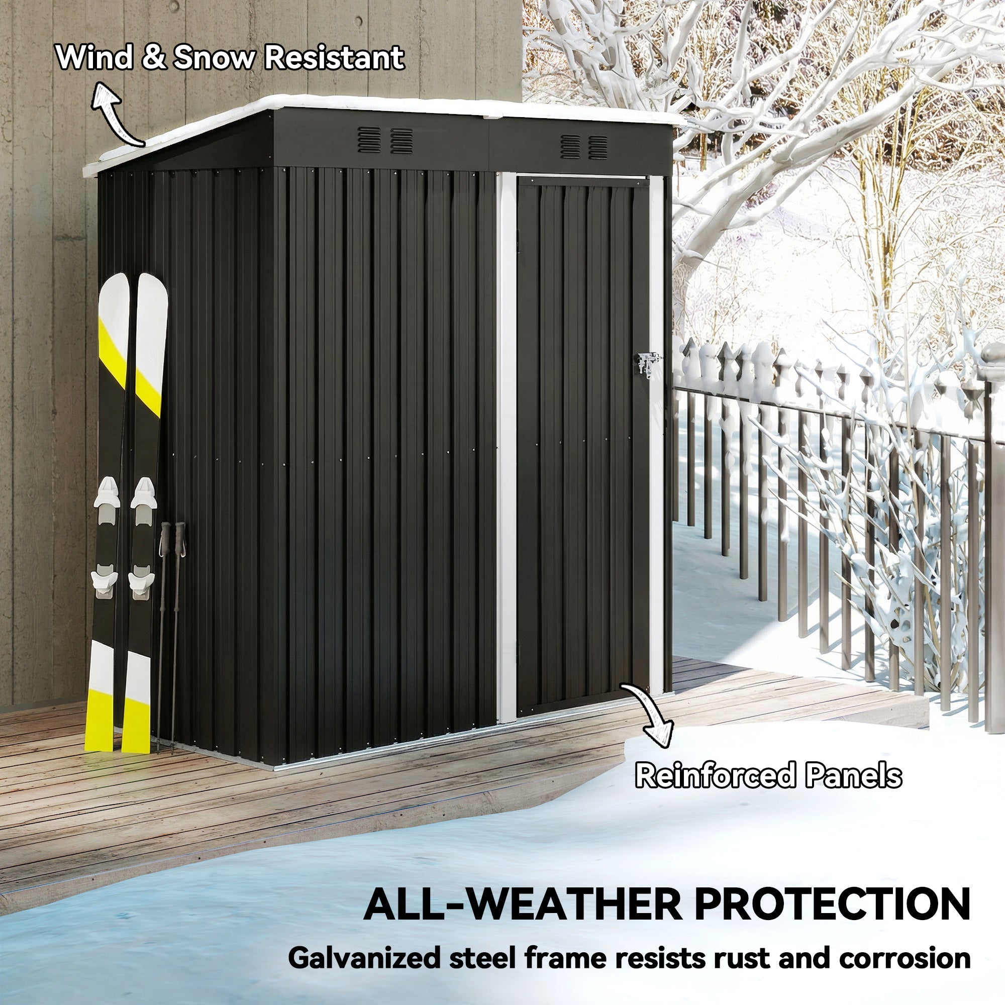 Outsunny 5 x 3 ft Lean-to Garden Shed, Outdoor Storage Shed with Lockable Door and Vents, Dark Grey 