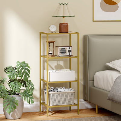 HOMCOM 4-Tier Shelving Unit, Glass Shelf, Vertical Storage Shelf for Living Room, Home Office, Bedroom, Bathroom, Gold Tone 