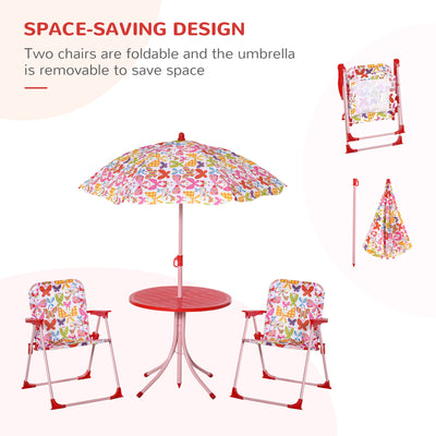 Outsunny Kids Outdoor Bistro Table and Chair Set Butterfly Pattern Garden Patio Backyard with Removable & Height Adjustable Parasol 