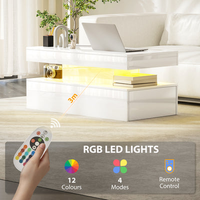 HOMCOM LED Coffee Table with Storage - High Gloss White 