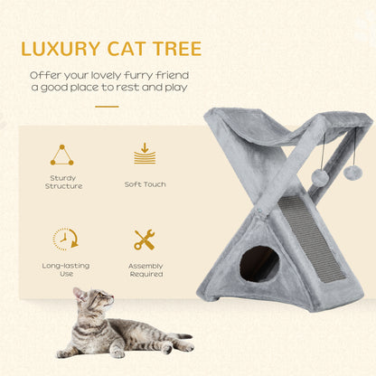 PawHut Two Tier Cat Tree for Indoor Cats Play Rest Activity Tower Plush Folding Relax Center w/ Scratching Post Hammock Pom Poms Grey 