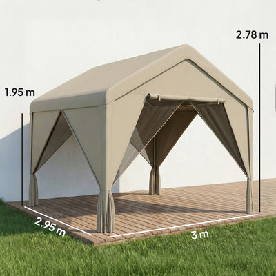 Outsunny 3 x 3 m Patio Gazebo with Netting & Curtains, Outdoor Canopy Shelter with Galvanised Steel Frame, Khaki 