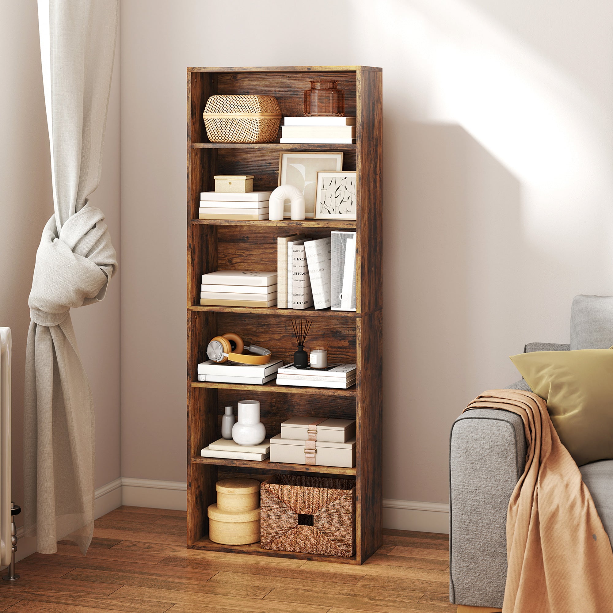 HOMCOM Six Shelf Bookcase - Rustic Brown 