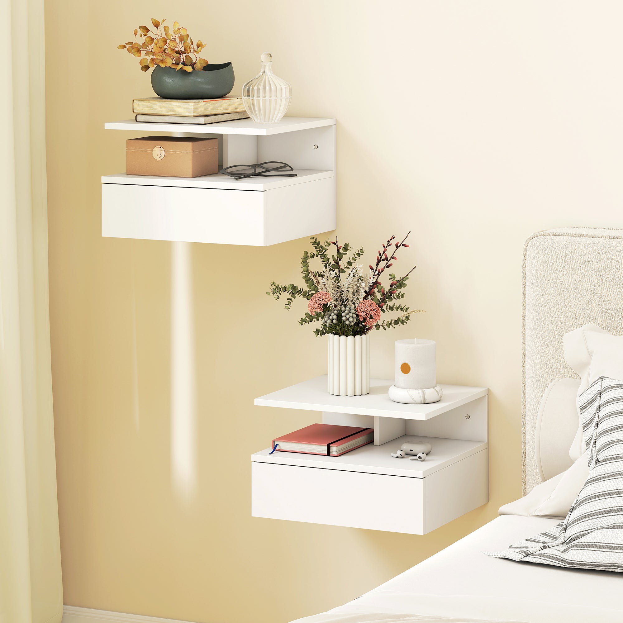 HOMCOM Set of Two Floating Bedside Tables - White 