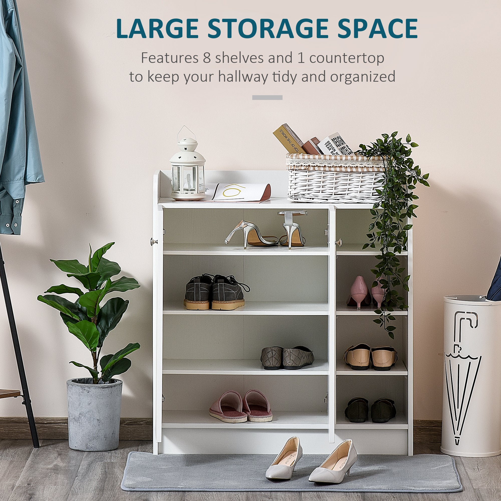 HOMCOM Shoe Storage Cabinet  Two Doors w/ Adjustable 4 Shelves Cupboard Footwear Rack Stand Organiser Hallway White 