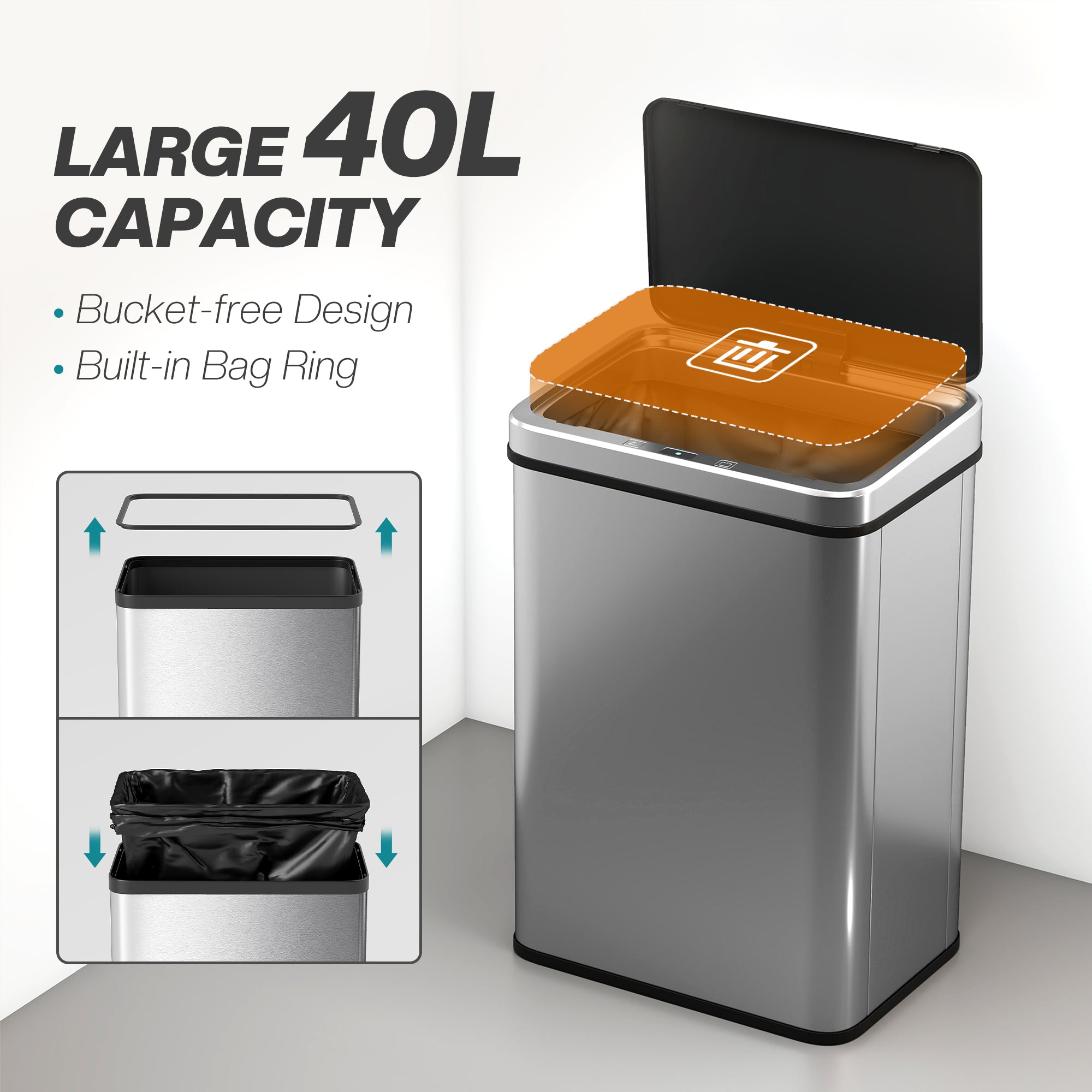 HOMCOM 40L Sensor Bin with Quiet Soft-Close Lid, Automatic Touchless Motion Sensor Kitchen Bin with Fingerprint Resistant Stainless Steel for Hygienic Gyms, Home Office Use, Silver Tone 