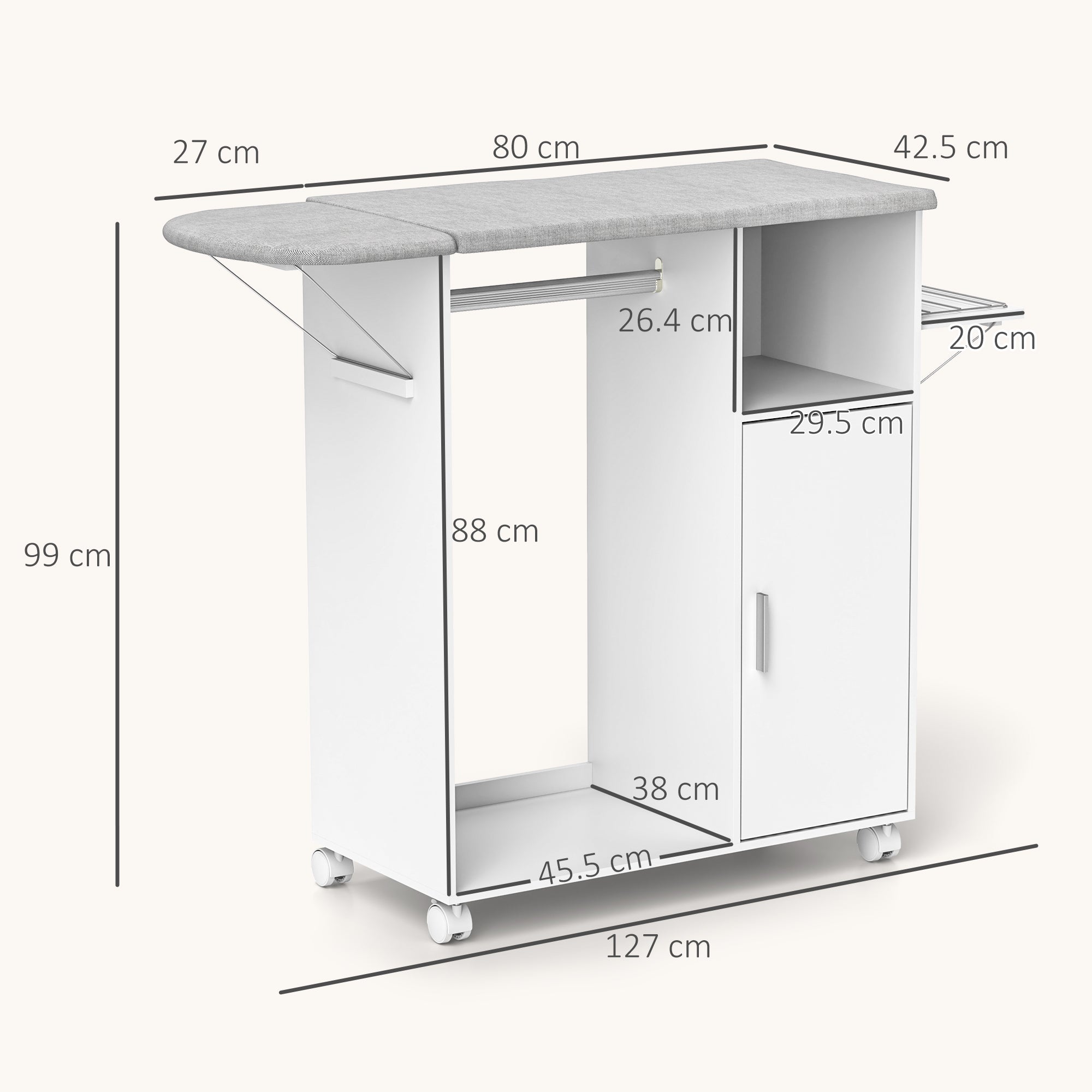 HOMCOM Rolling Ironing Board Cabinet, Foldable Ironing Station with Storage, Wheels for Home, Laundry Room, White 
