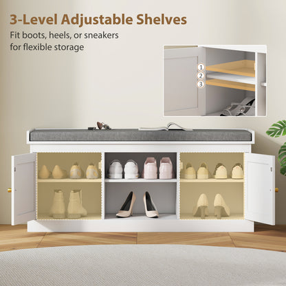 HOMCOM Boho Shoe Storage Bench with Padded Cushion and Rattan Doors - White