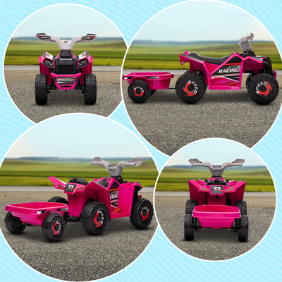 HOMCOM 6V Quad Bike with Back Trailer, Wear-Resistant Wheels, for Ages 18-36 Months, Pink 