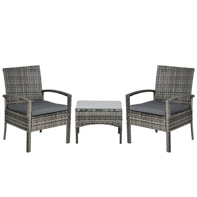 Outsunny 3 Pieces Rattan Bistro Set, Wicker Garden Furniture Set with Glass Top Coffee Table and Chairs, Washable Cushions for Outdoor, Patio, Balcony, Mixed Grey 