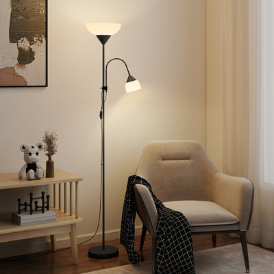 HOMCOM LED Floor Lamp for Living Room, 180cm Tall Standing Lamp, Mother and Child Uplighter with Adjustable Gooseneck, Black 