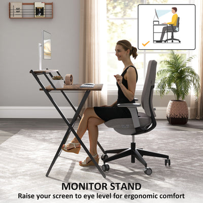 HOMCOM 81.5 cm Folding Computer Desk with Monitor Shelf - Rustic Brown 