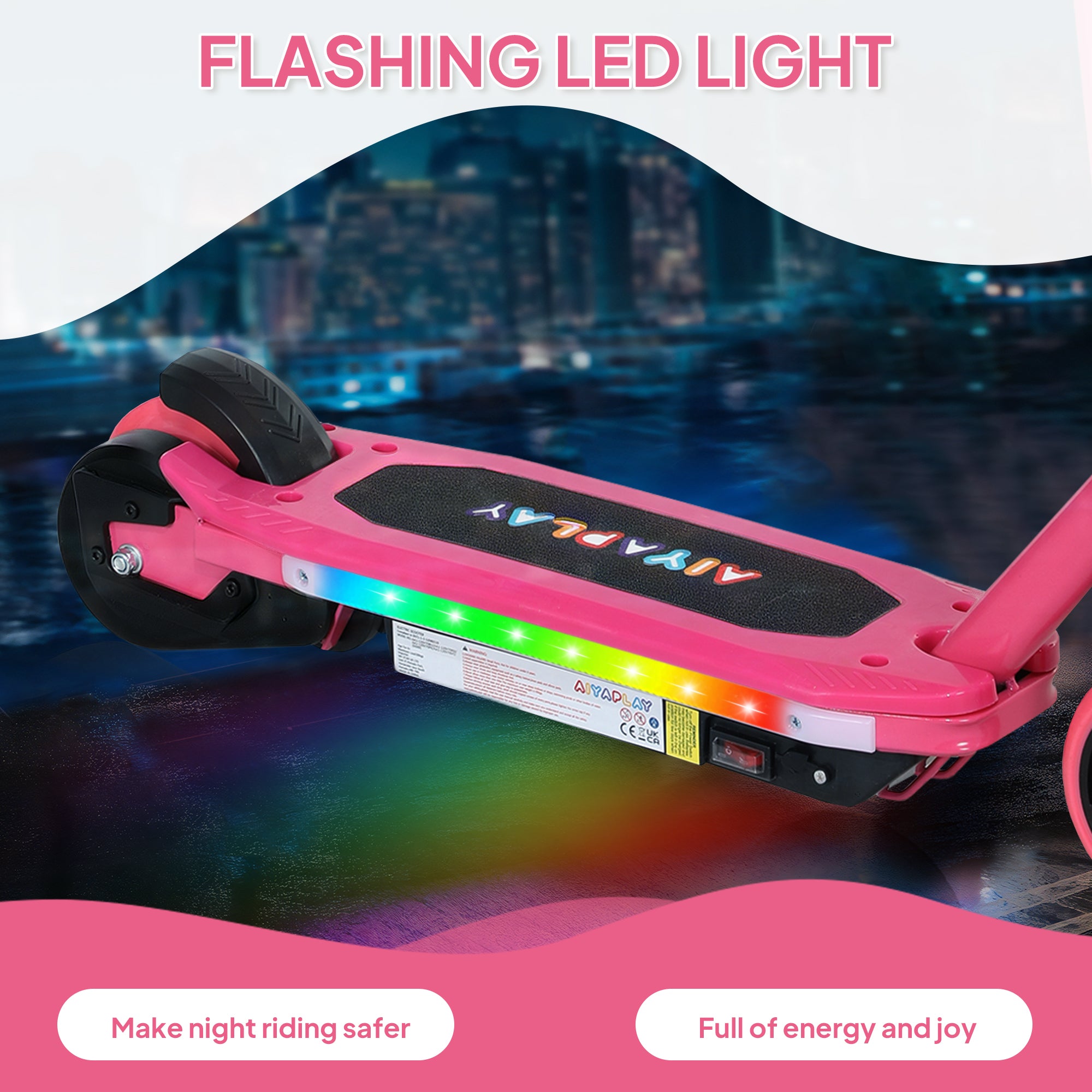 AIYAPLAY Electric Scooter for Ages 6-14, with Colourful Light and Electric Brake, Electric Scooter E Scooter, Up to 10 KM/H & 8 KM, Pink