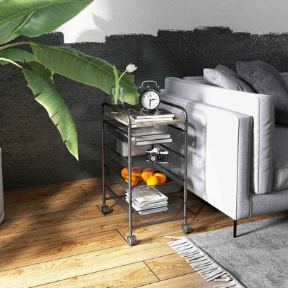 HOMCOM Storage Trolley on Wheels, Rolling Utility Serving Cart with 4 Mesh Trays for Living Room, Kitchen, Black 