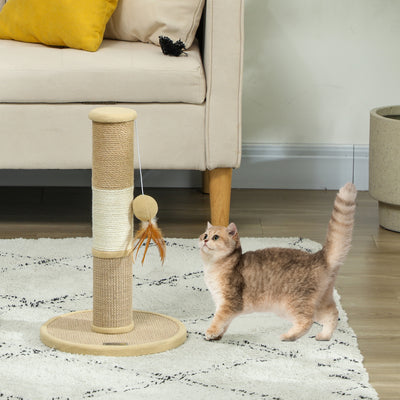 PawHut Cat Scratching Post for Indoor Cats, 47cm Tall Cat Scratcher with Jute Sisal Rope, Hanging Toy Ball, Feather, Brown 
