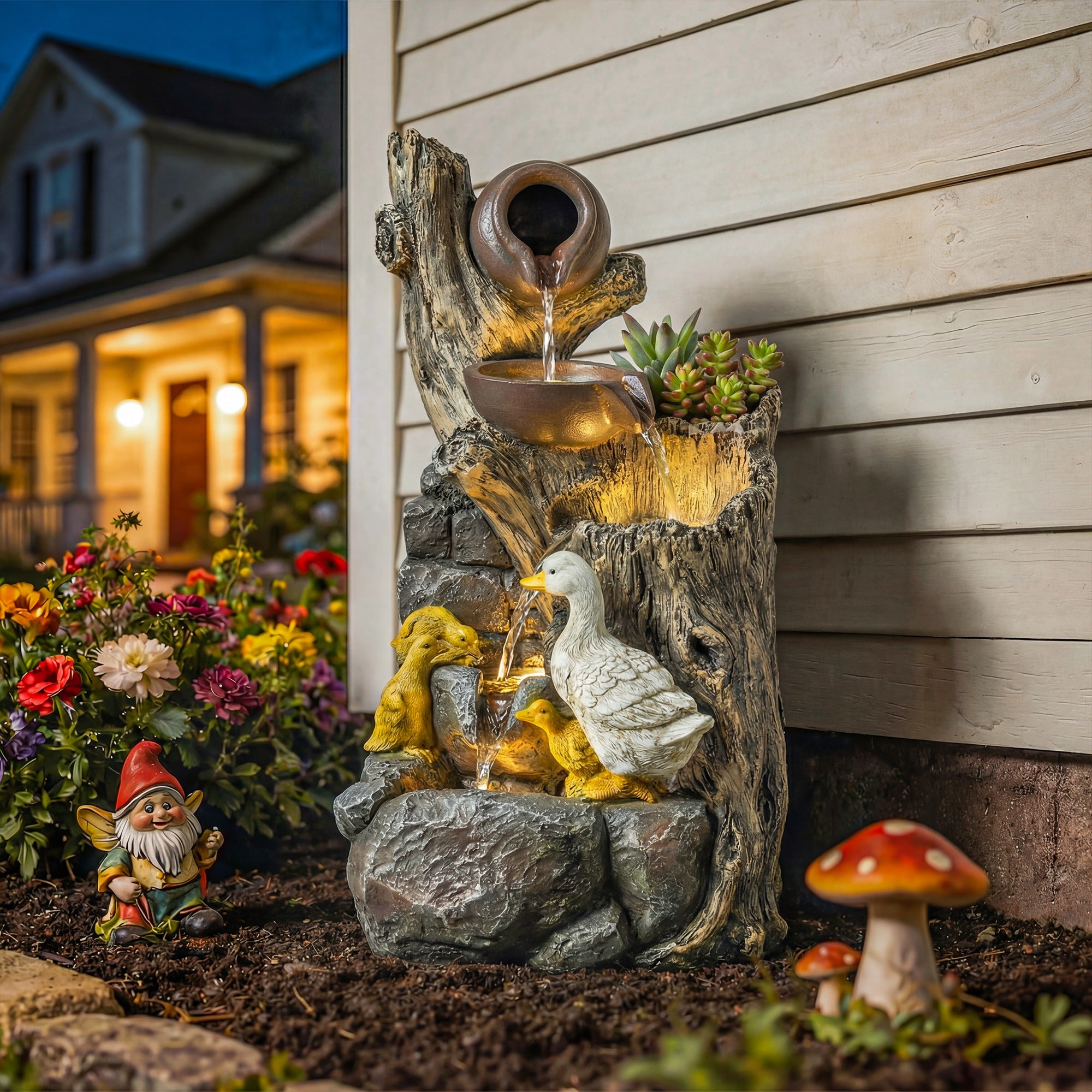 Outsunny 5-Tier Outdoor Waterfall Fountain, Freestanding Self-Contained Cascading Water Feature Garden Landscape 