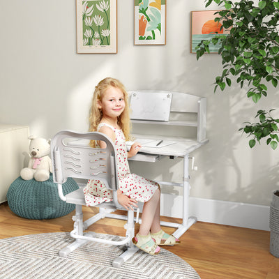 ZONEKIZ Height Adjustable Kids Study Table and Chair Set, with Drawer, Storage Shelf, 80 x 54.5 x 104 cm, Grey 