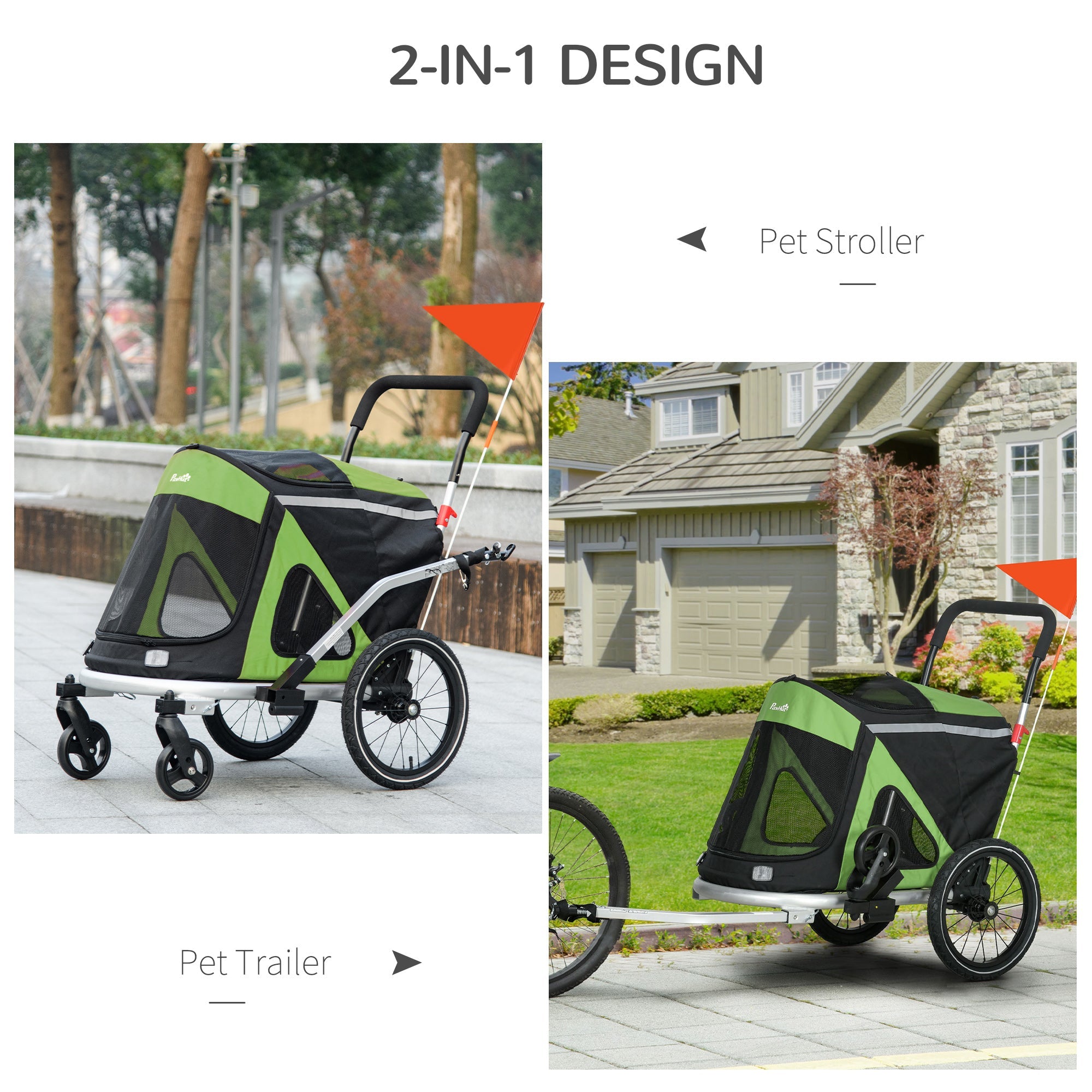 PawHut 2 in 1 Aluminium Foldable Dog Bike Trailer, Pet Stroller, for Medium Dogs - Green 