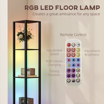 HOMCOM RGB LED Floor Lamp with Shelves, Modern Dimmable Standing Lamp with Remote Control, Adjustable Brightness & Speed for Living Room, Bedroom, Office, Black 