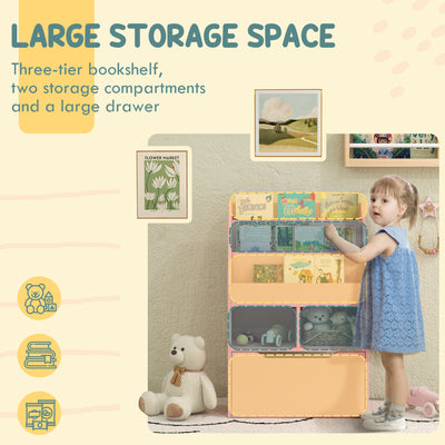 HOMCOM Kids Bookshelf, Toy Organiser, with Storage Drawer, Wheels - Pink 