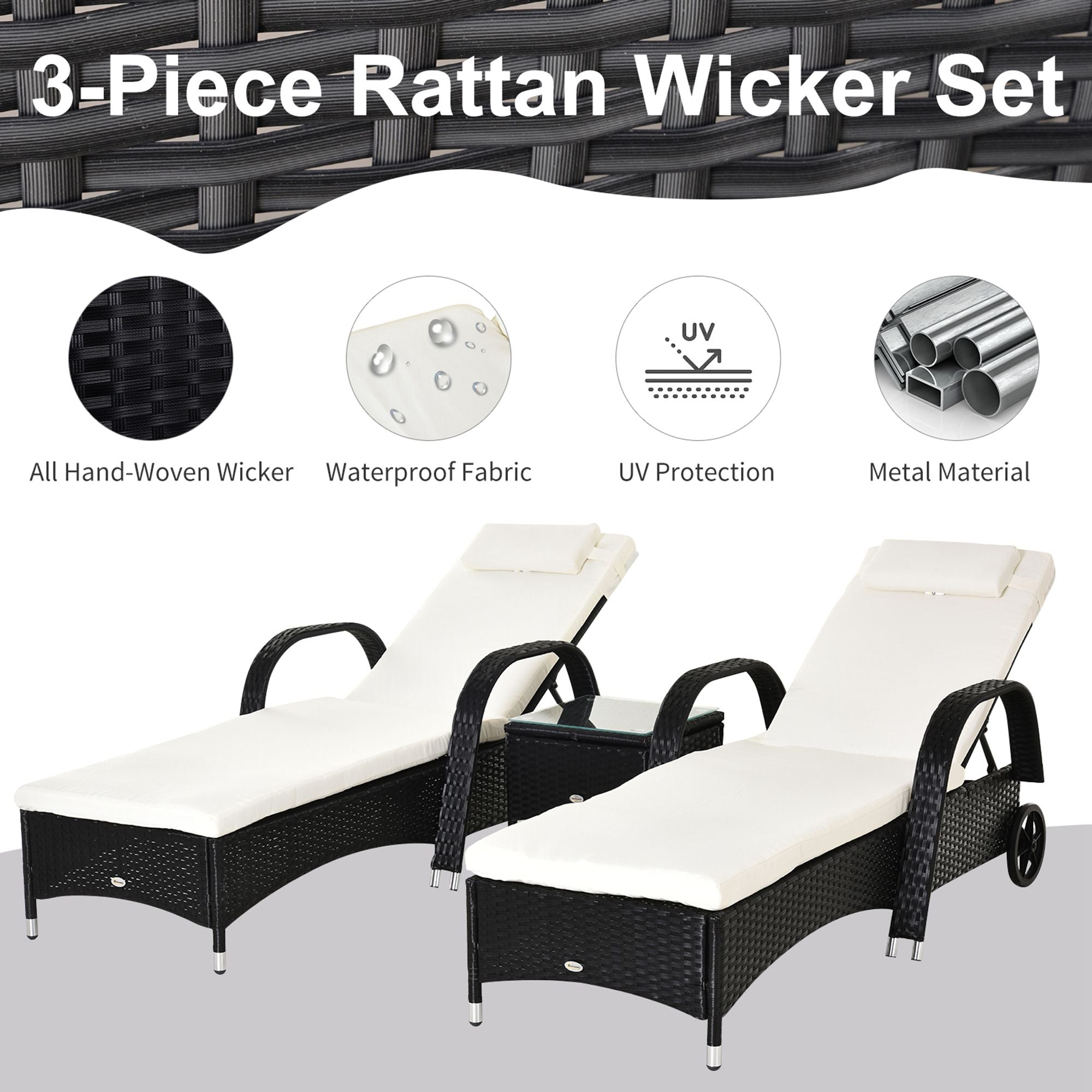 Outsunny 2 Seater Rattan Sun Lounger Set with Side Table Black 