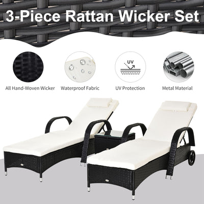 Outsunny 2 Seater Rattan Sun Lounger Set with Side Table Black 