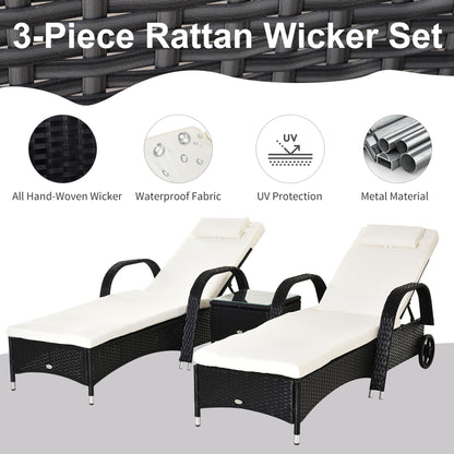 Outsunny 2 Seater Rattan Sun Lounger Set with Side Table Black 