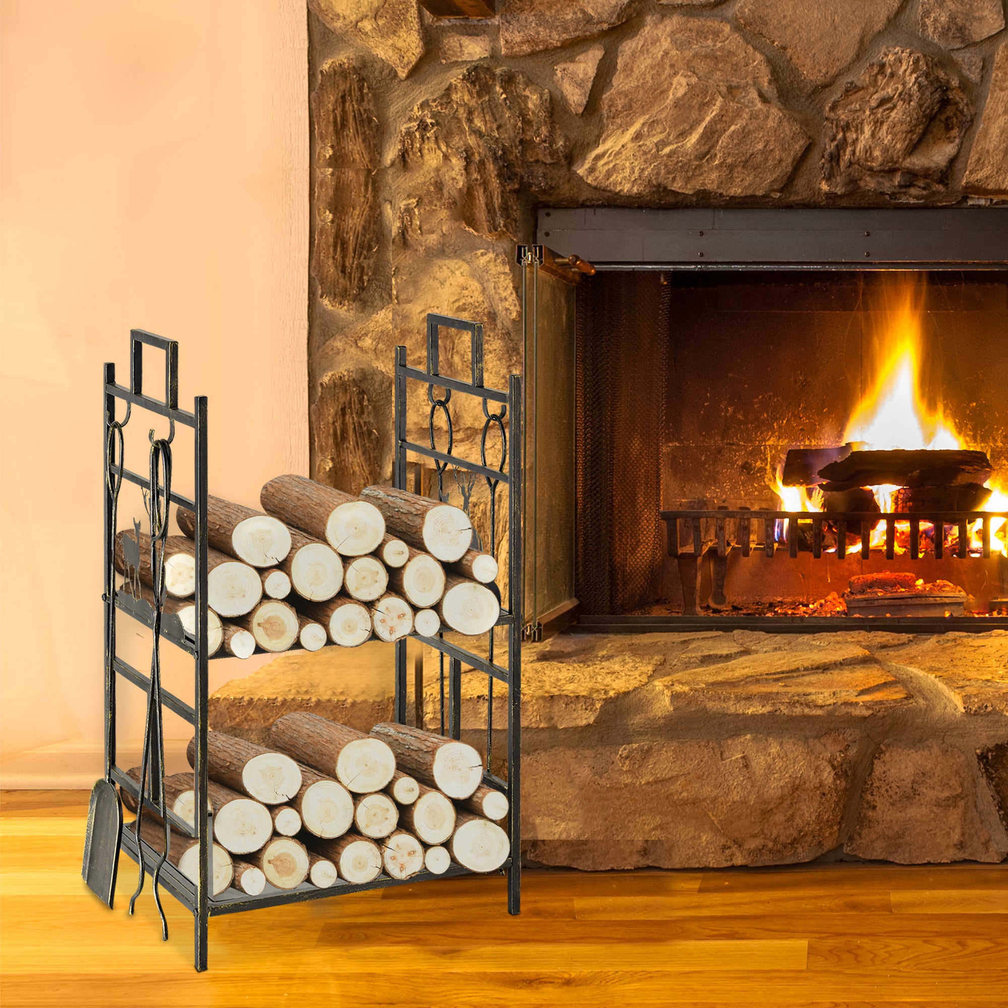 Outsunny Metal Firewood Log Holder 2 Tier Firewood Rack Indoor Outdoor Fireplace Wood Storage Shelf with 4 Tools, Hooks, Elk Shape Design, Black Gold Tone, 51.5W x 33D x 77H cm 